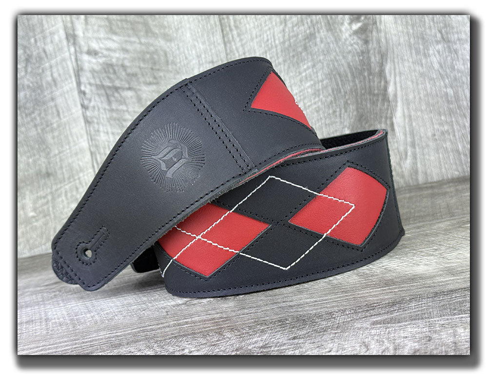 Everett - Carbon Black/Cherry Red Argyle Leather Guitar Strap