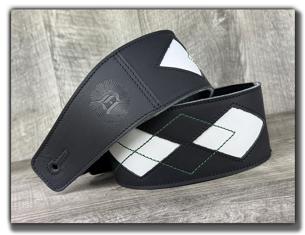 Everett - Carbon Black/White with Emerald Green Thread Argyle Leather Guitar Strap