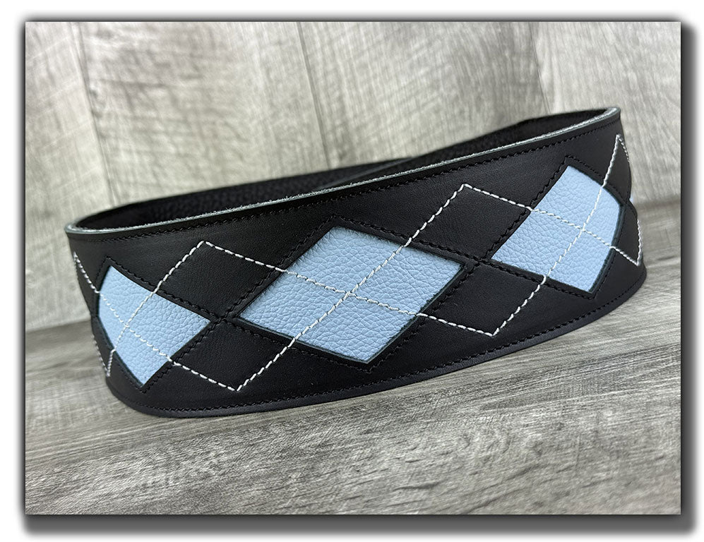 Everett - Carbon Black/Baby Blue Argyle Leather Guitar Strap