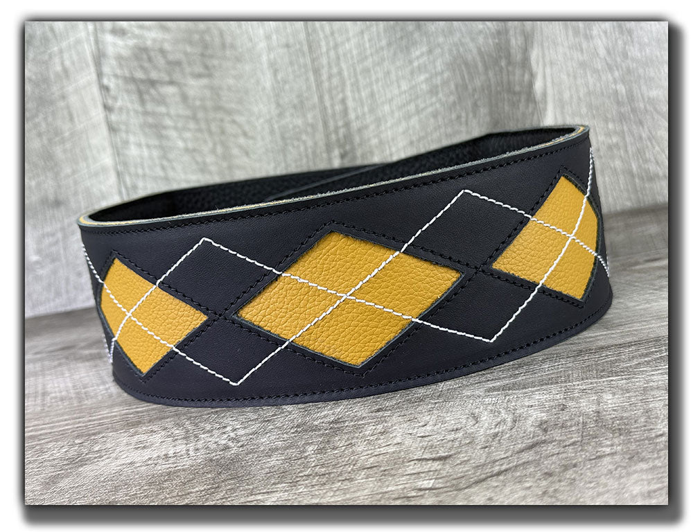 Everett - Carbon Black/Mustard Yellow Argyle Leather Guitar Strap