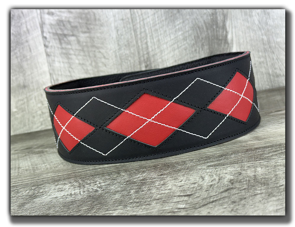 Everett - Carbon Black/Cherry Red Argyle Leather Guitar Strap