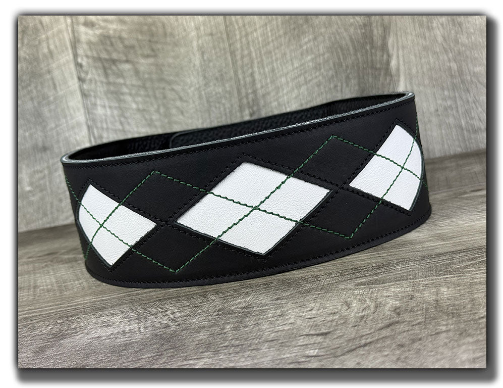 Everett - Carbon Black/White with Emerald Green Thread Argyle Leather Guitar Strap