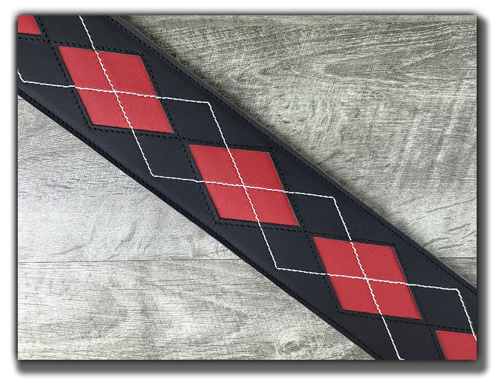 Everett - Carbon Black/Cherry Red Argyle Leather Guitar Strap