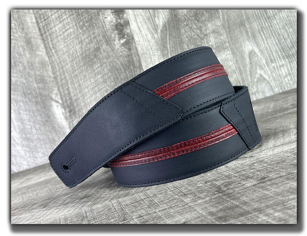 Straight Up - Carbon Black with Red Stripe Leather Guitar Strap