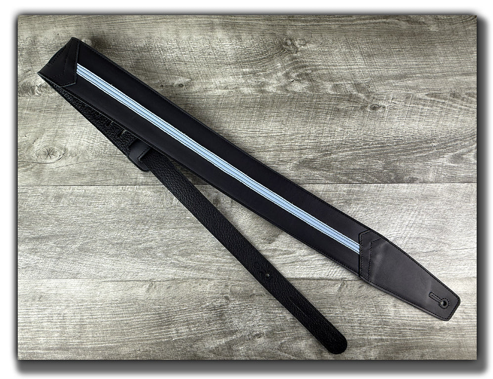 Straight Up - Carbon Black with Baby Blue Stripe Leather Guitar Strap