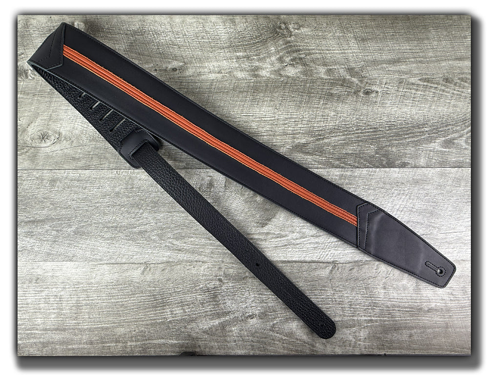 Straight Up - Carbon Black with Orange Peel Stripe Leather Guitar Strap