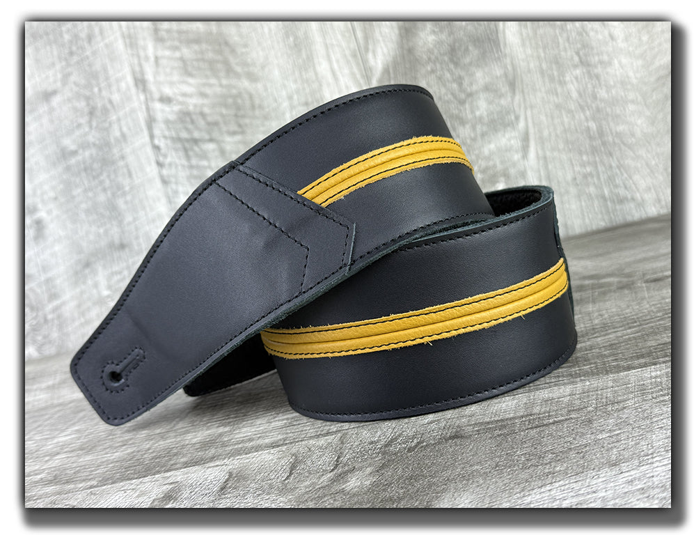 Straight Up - Carbon Black with Mustard Yellow Stripe Leather Guitar Strap