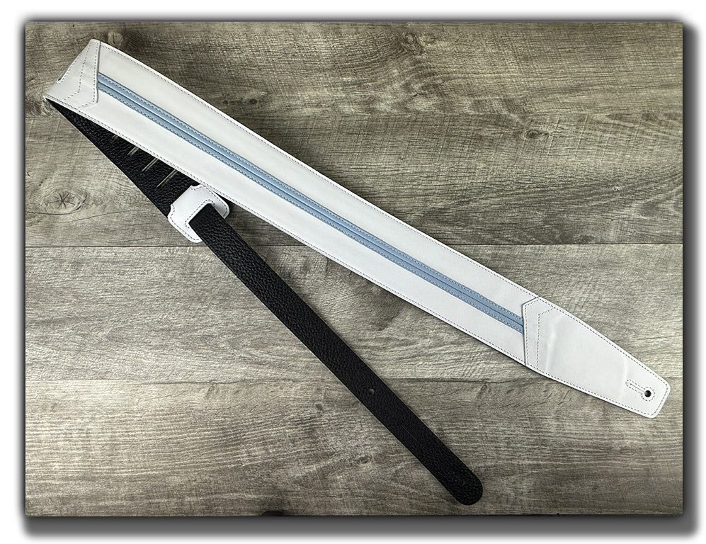 Straight Up - Frostfire White with Baby Blue Stripe Leather Guitar Strap