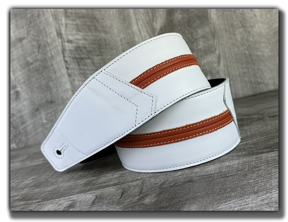 Straight Up - Frostfire White with Orange Peel Stripe Leather Guitar Strap