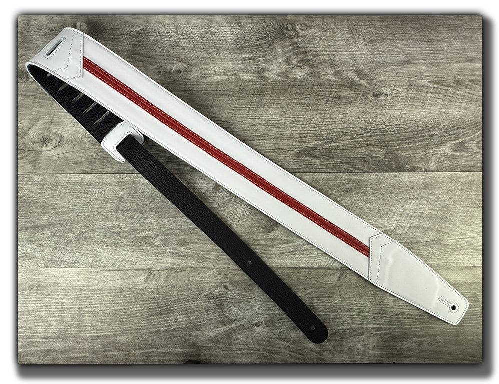 Straight Up - Frostfire White with Cherry Red Stripe Leather Guitar Strap