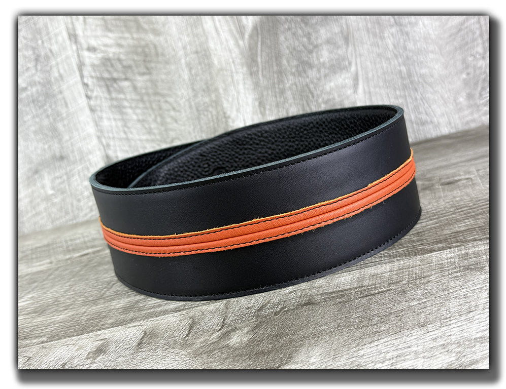 Straight Up - Carbon Black with Orange Peel Stripe Leather Guitar Strap