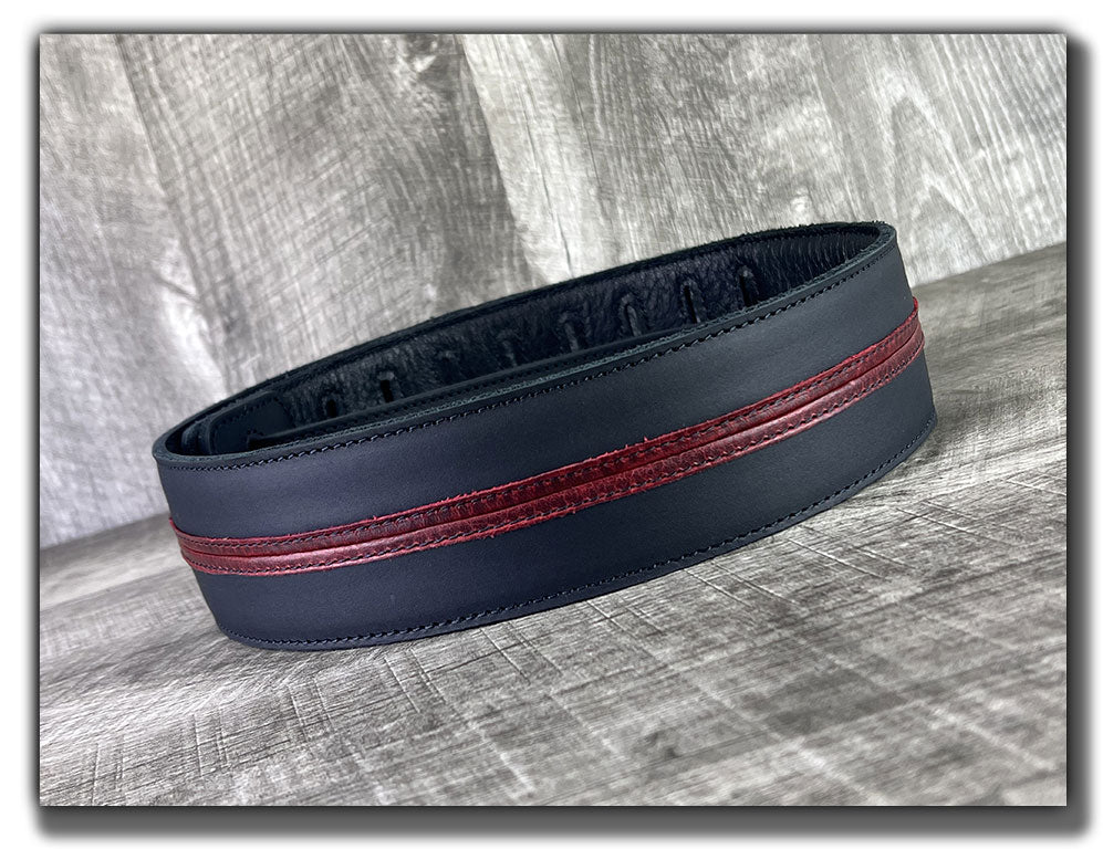 Straight Up - Carbon Black with Red Stripe Leather Guitar Strap