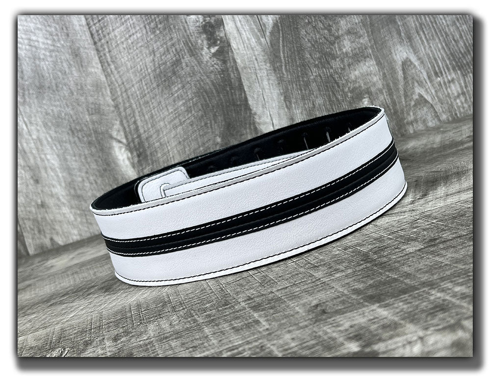 Straight Up - Frostfire White with Black Stripe Leather Guitar Strap