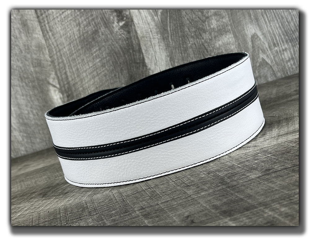 Straight Up - Frostfire White with Black Stripe Leather Guitar Strap