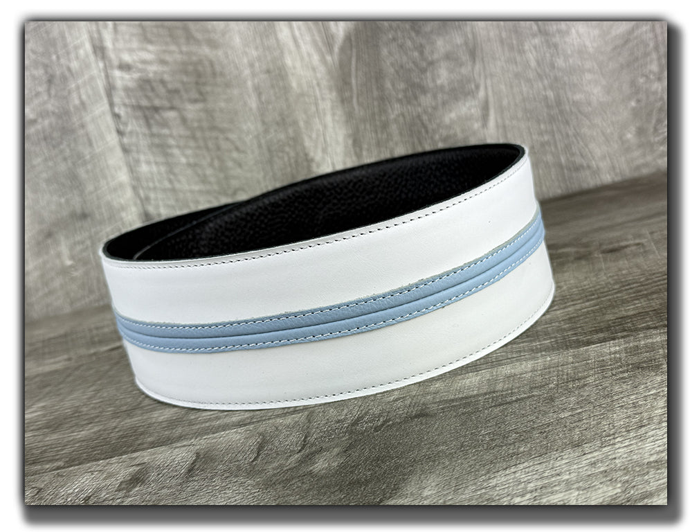 Straight Up - Frostfire White with Baby Blue Stripe Leather Guitar Strap
