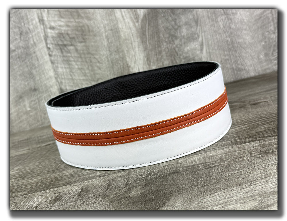 Straight Up - Frostfire White with Orange Peel Stripe Leather Guitar Strap