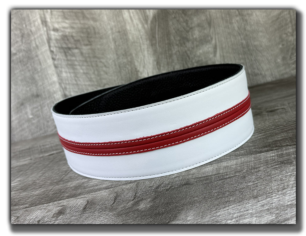Straight Up - Frostfire White with Cherry Red Stripe Leather Guitar Strap