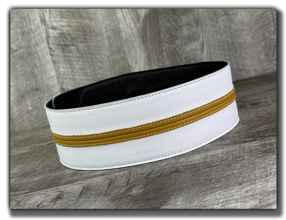 Straight Up - Frostfire White with Mustard Yellow Stripe Leather Guitar Strap