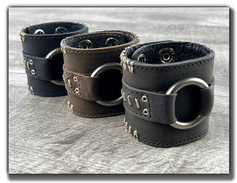 Wide double buckle leather cuff|Gray