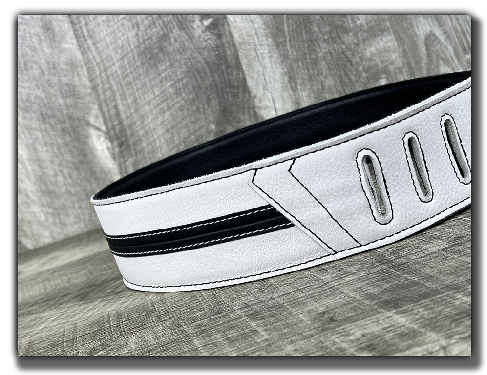 Straight Up - Frostfire White with Black Stripe Leather Guitar Strap