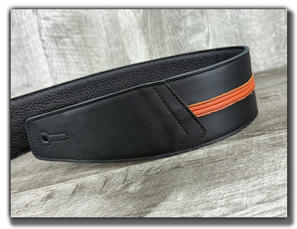 Straight Up - Carbon Black with Orange Peel Stripe Leather Guitar Strap