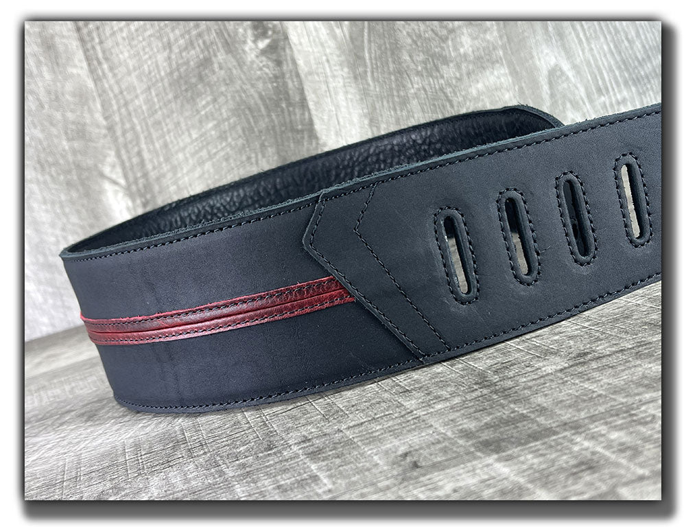 Straight Up - Carbon Black with Red Stripe Leather Guitar Strap