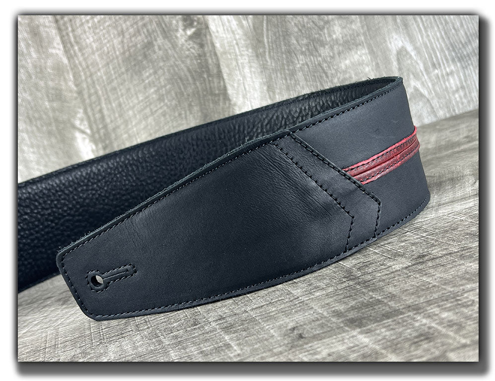 Straight Up - Carbon Black with Red Stripe Leather Guitar Strap