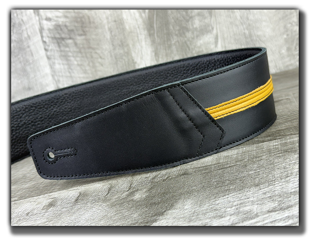 Straight Up - Carbon Black with Mustard Yellow Stripe Leather Guitar Strap