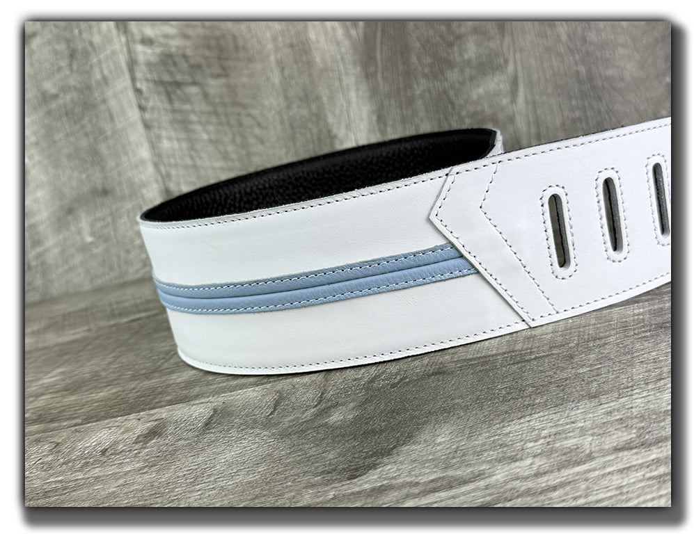 Straight Up - Frostfire White with Baby Blue Stripe Leather Guitar Strap