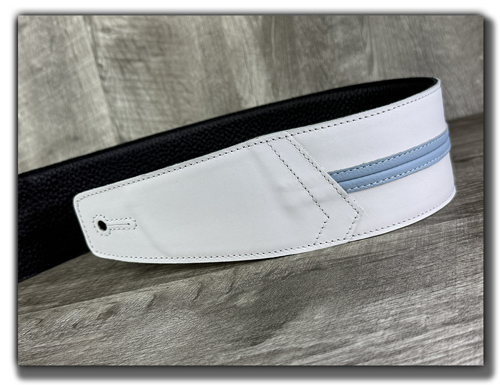Straight Up - Frostfire White with Baby Blue Stripe Leather Guitar Strap