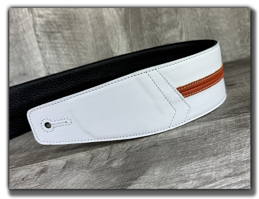 Straight Up - Frostfire White with Orange Peel Stripe Leather Guitar Strap