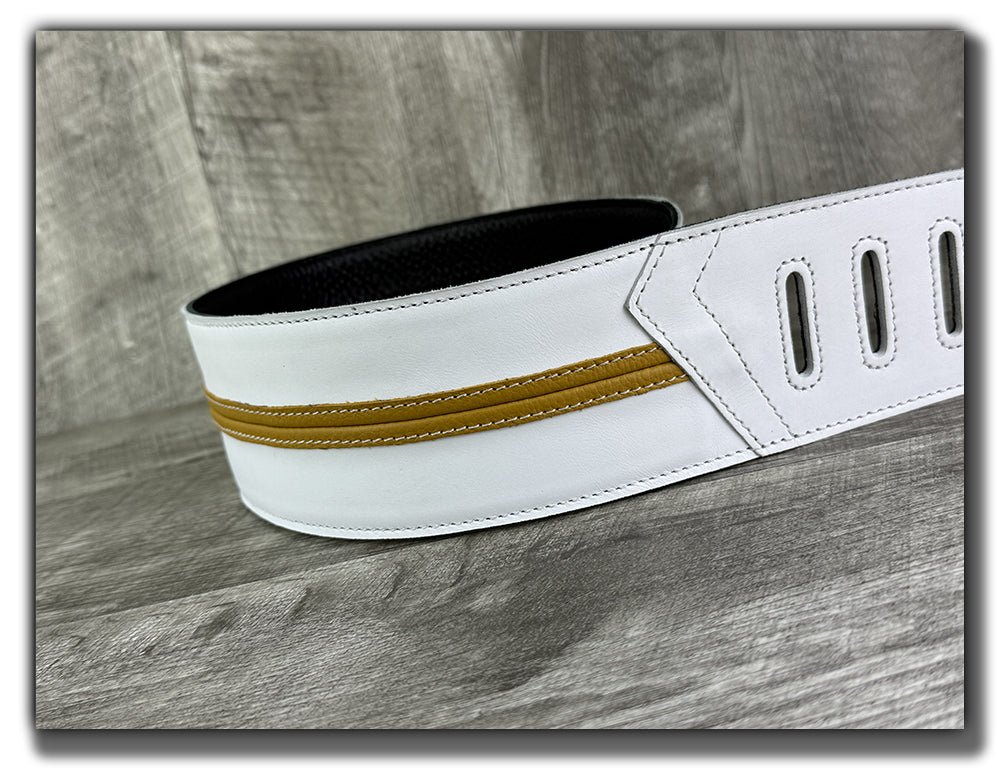 Straight Up - Frostfire White with Mustard Yellow Stripe Leather Guitar Strap