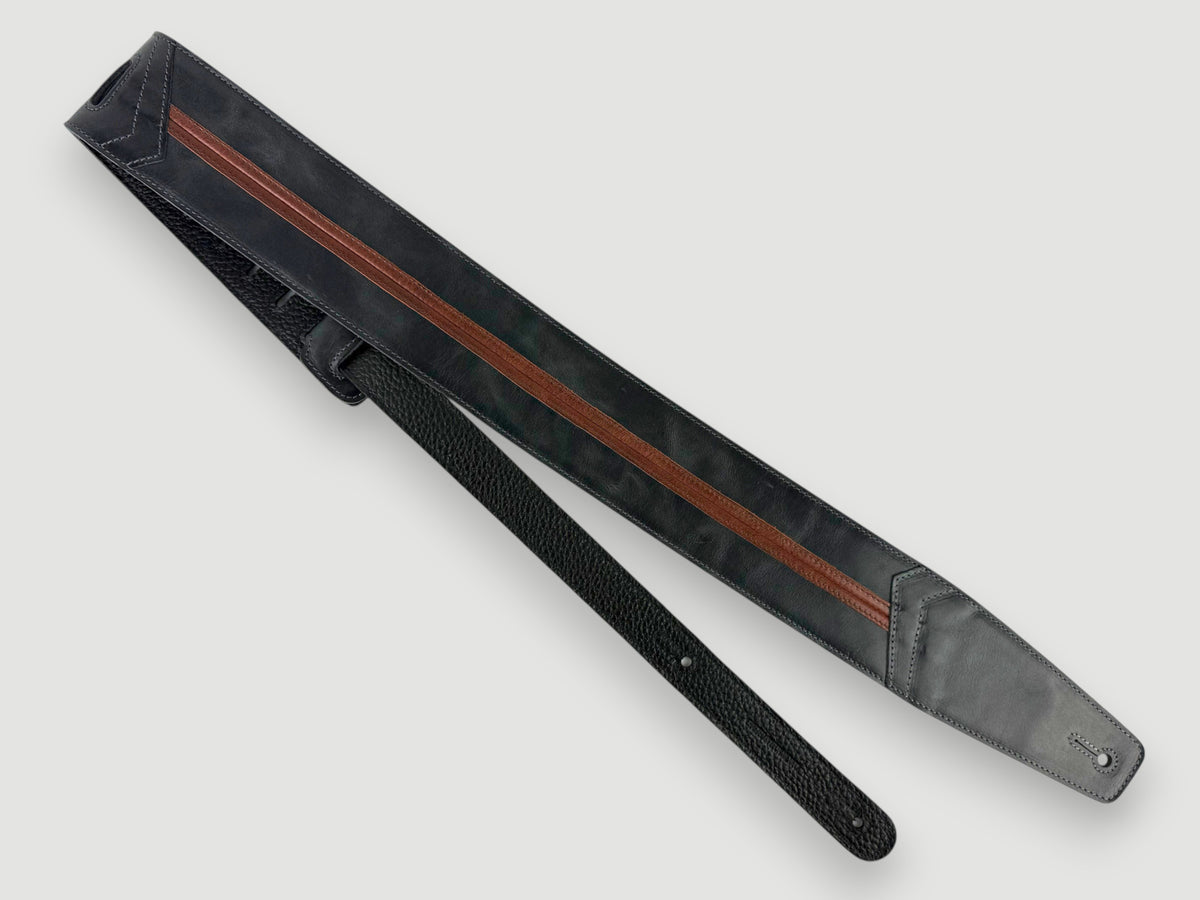 Straight Up - Relic Black with Cognac Stripe Leather Guitar Strap