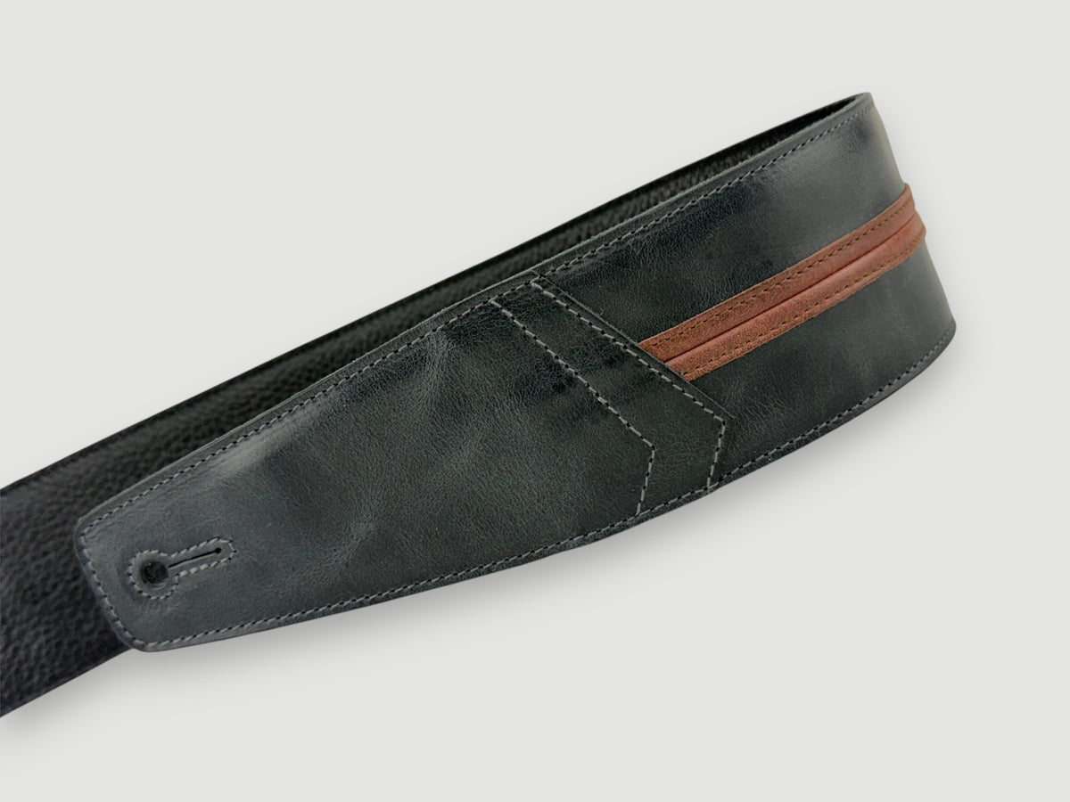Straight Up - Relic Black with Cognac Stripe Leather Guitar Strap