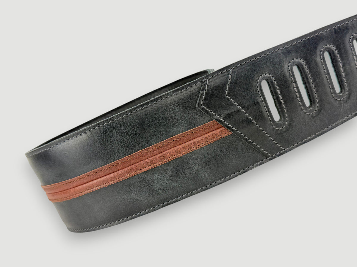 Straight Up - Relic Black with Cognac Stripe Leather Guitar Strap