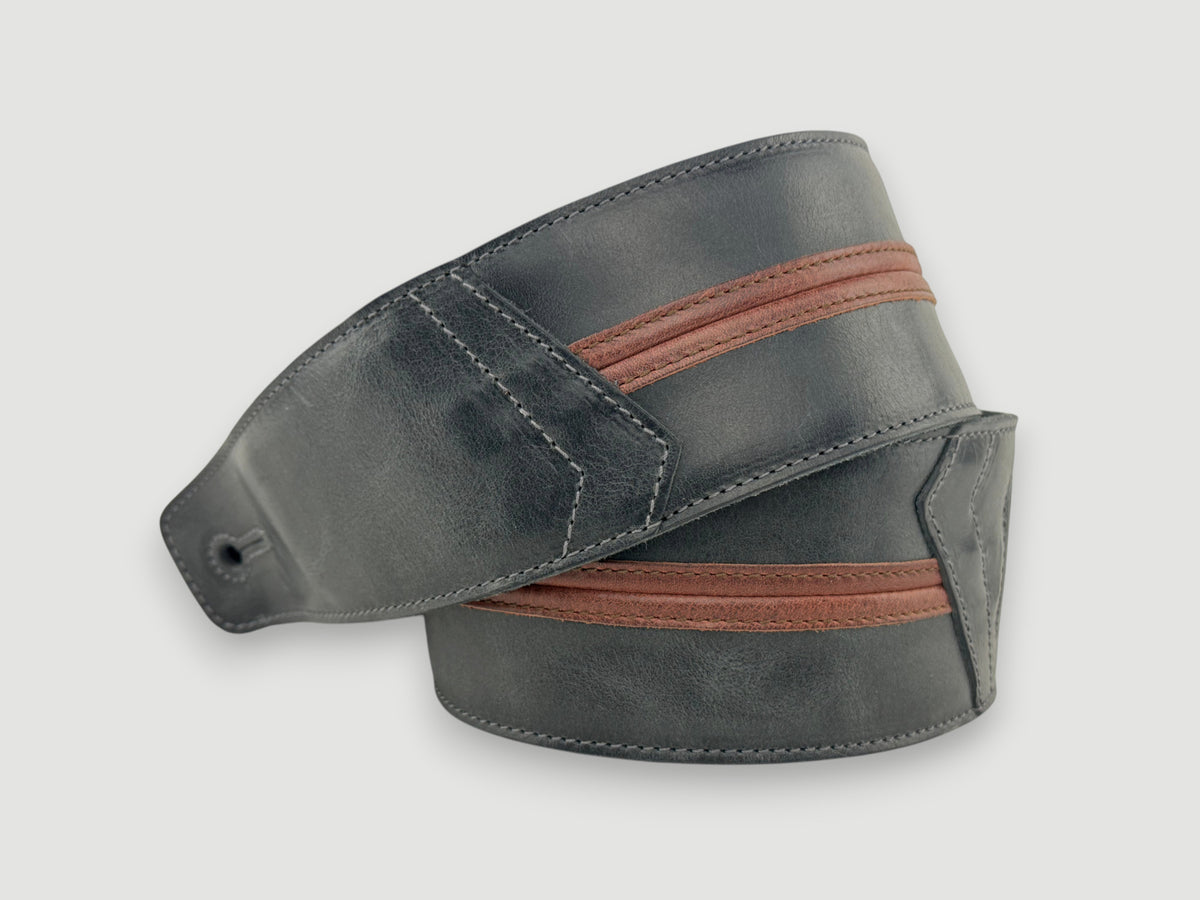 Straight Up - Relic Black with Cognac Stripe Leather Guitar Strap