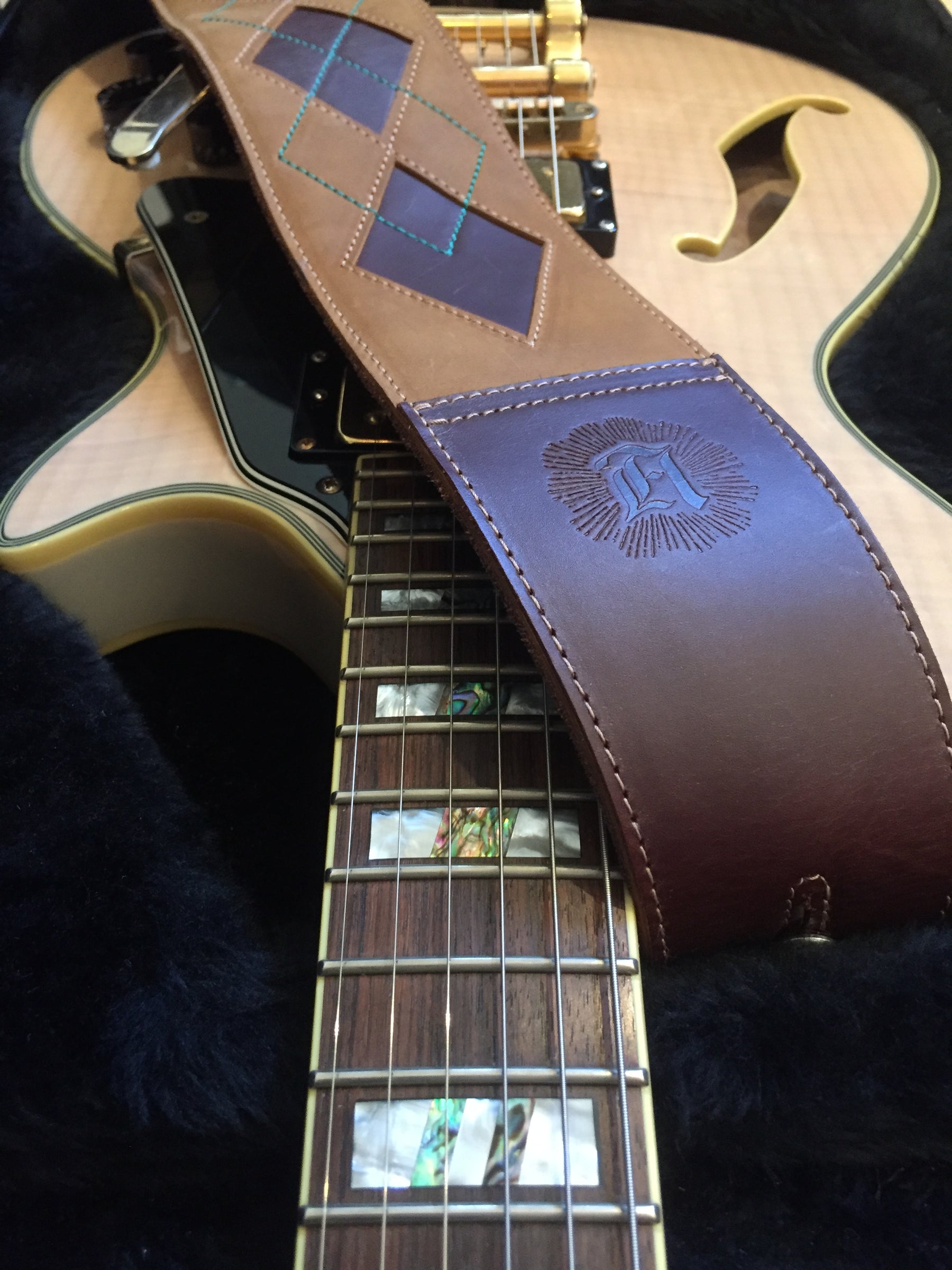 Everett - Tobacco/Aqua Argyle Leather Guitar Strap