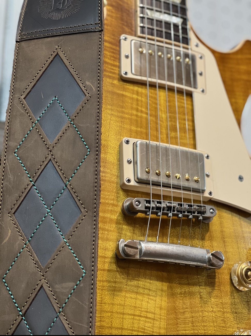 Everett - Whiskey Brown/Aqua Argyle Leather Guitar Strap